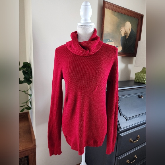 Ralph Lauren LAUREN Black label Womens Size LARGE Waffle Knit Red Cowl Neck Knit - Picture 1 of 13